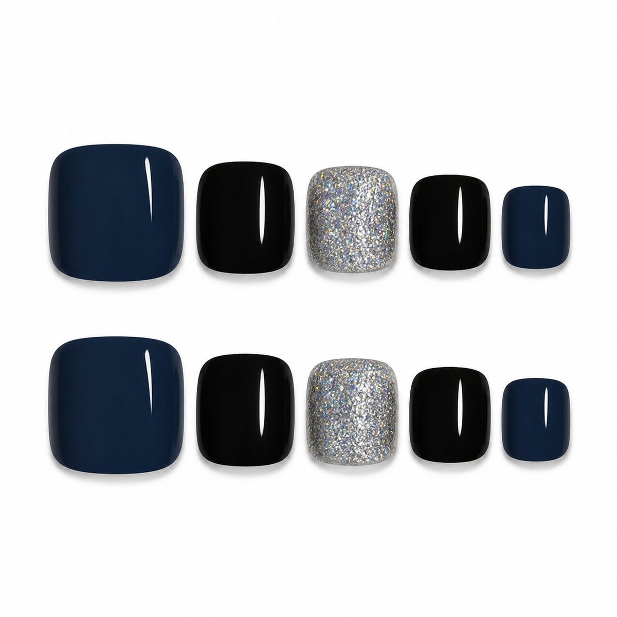 Navy Black Glitter Press-On Toenails on a pure white background, front view