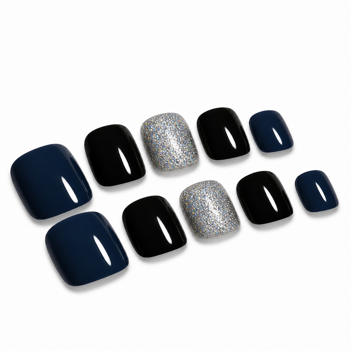 Navy Black Glitter Press-On Toenails on a pure white background, view 2