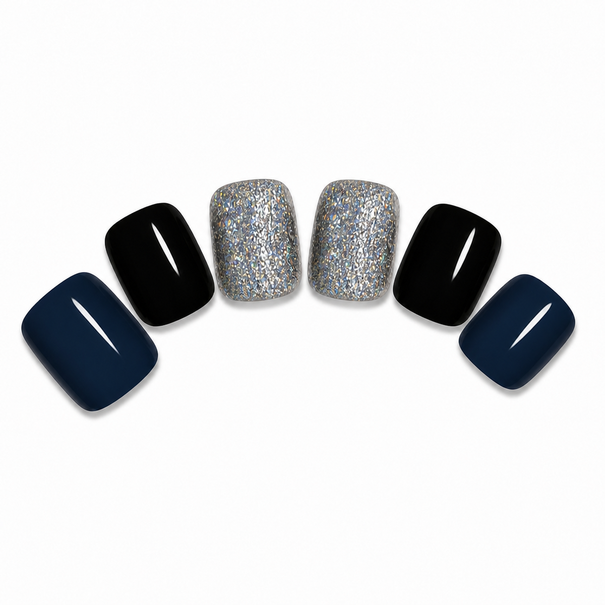 Navy Black Glitter Press-On Toenails on a pure white background, view 3