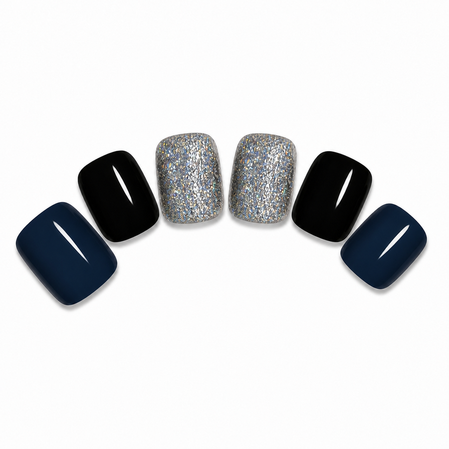 Navy Black Glitter Press-On Toenails on a pure white background, view 3