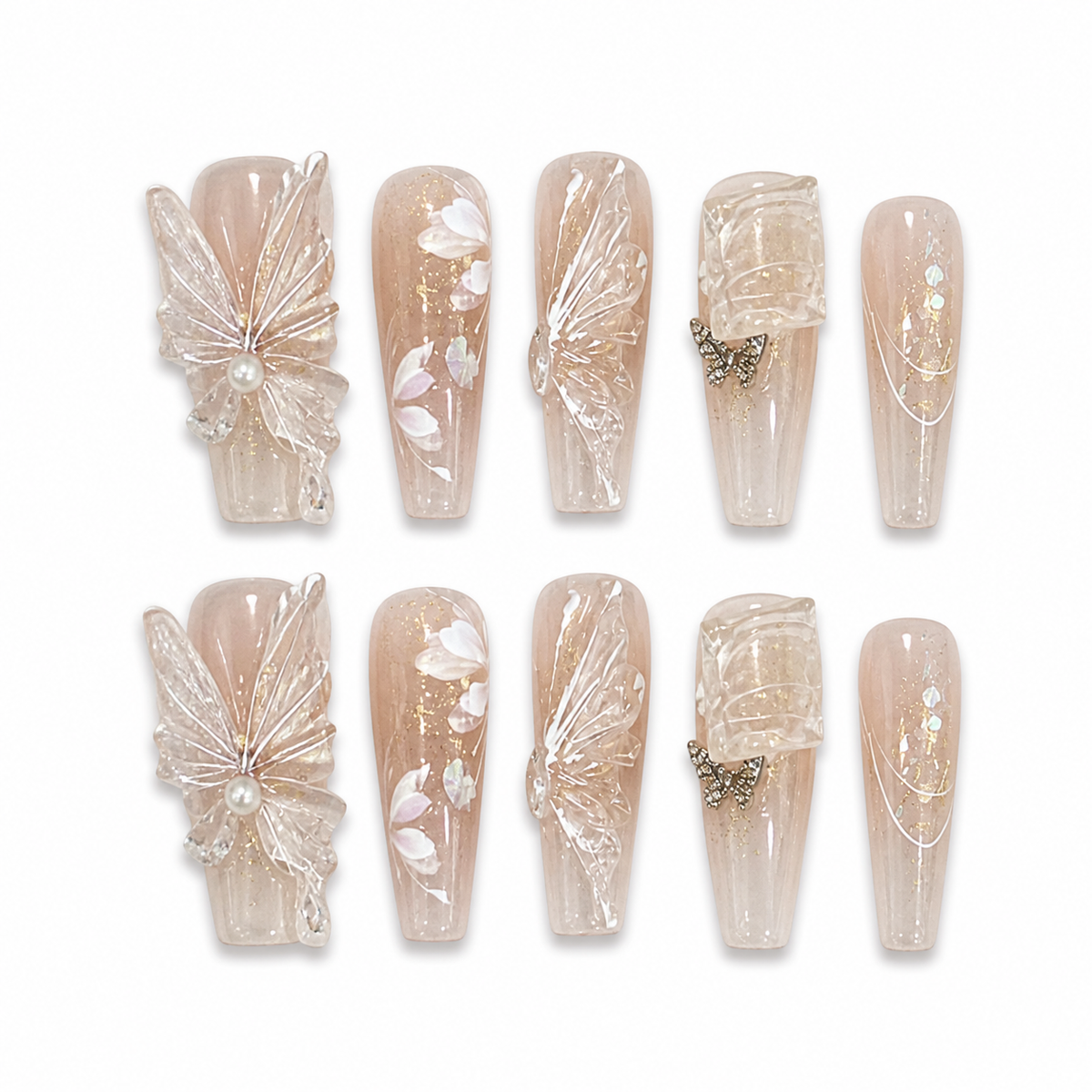 Champagne Butterfly Pearl Press-On Nails on a pure white background, front view