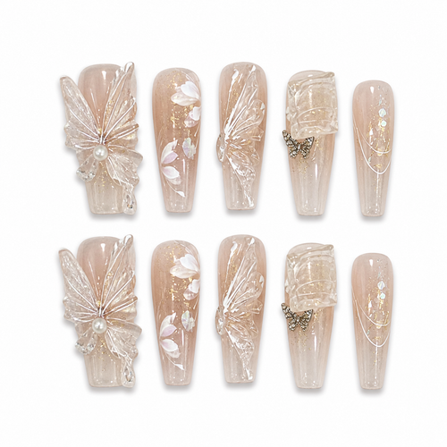 Champagne Butterfly Pearl Press-On Nails on a pure white background, front view