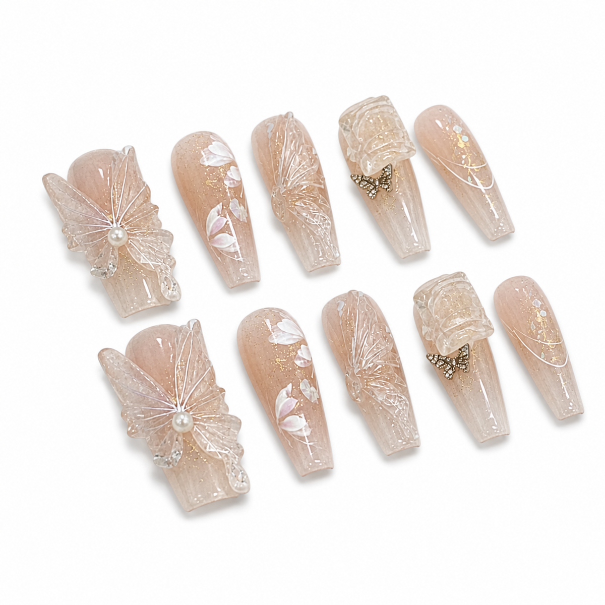 Champagne Butterfly Pearl Press-On Nails on a pure white background, view 2
