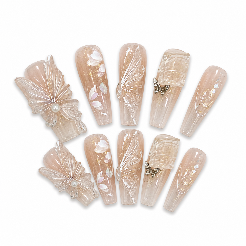 Champagne Butterfly Pearl Press-On Nails on a pure white background, view 3