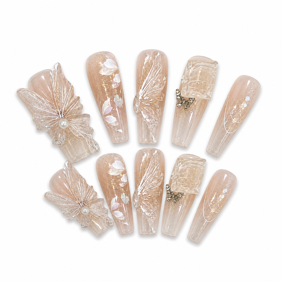 Champagne Butterfly Pearl Press-On Nails on a pure white background, view 3