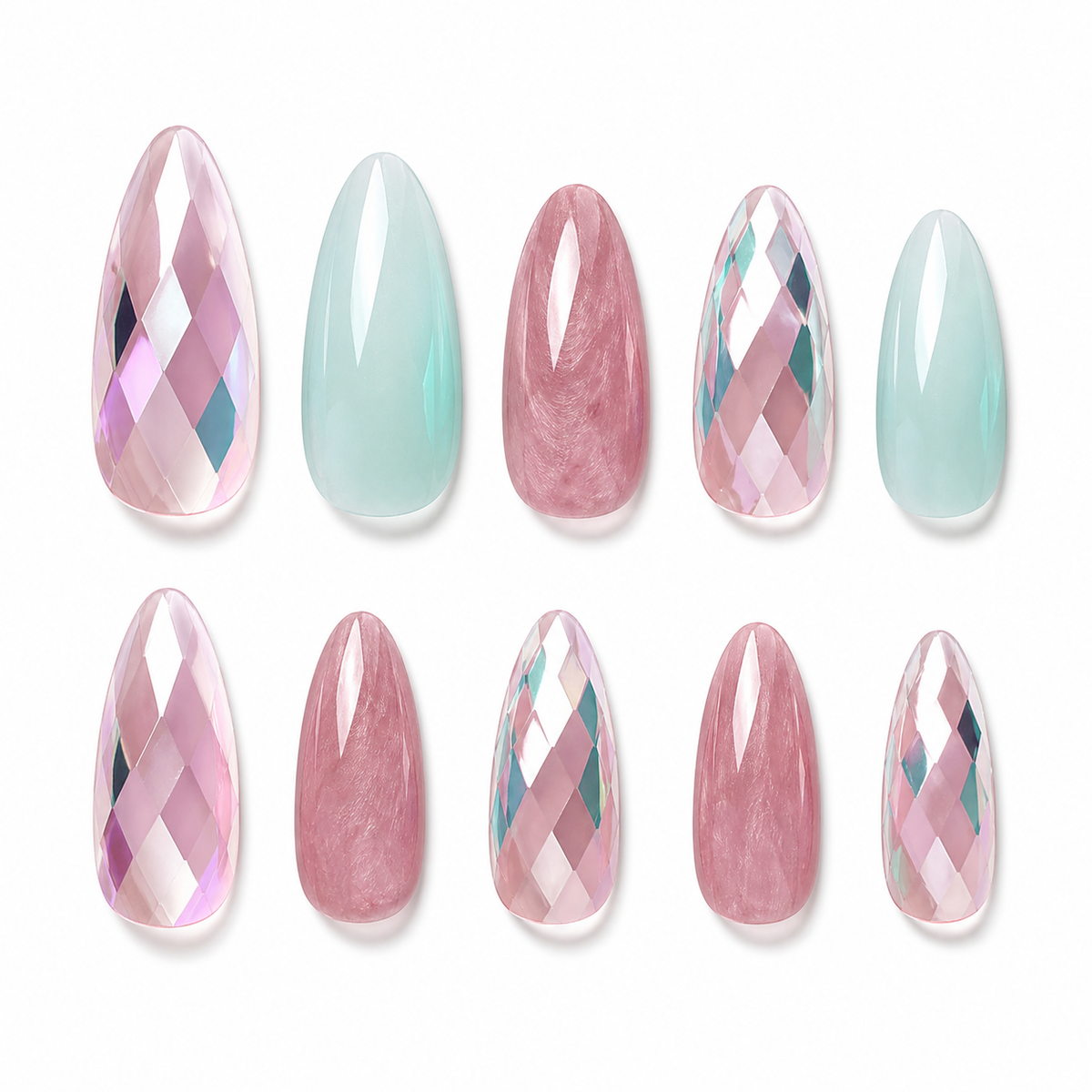 Pastel Diamond Almond Press-On Nails on a pure white background, front view