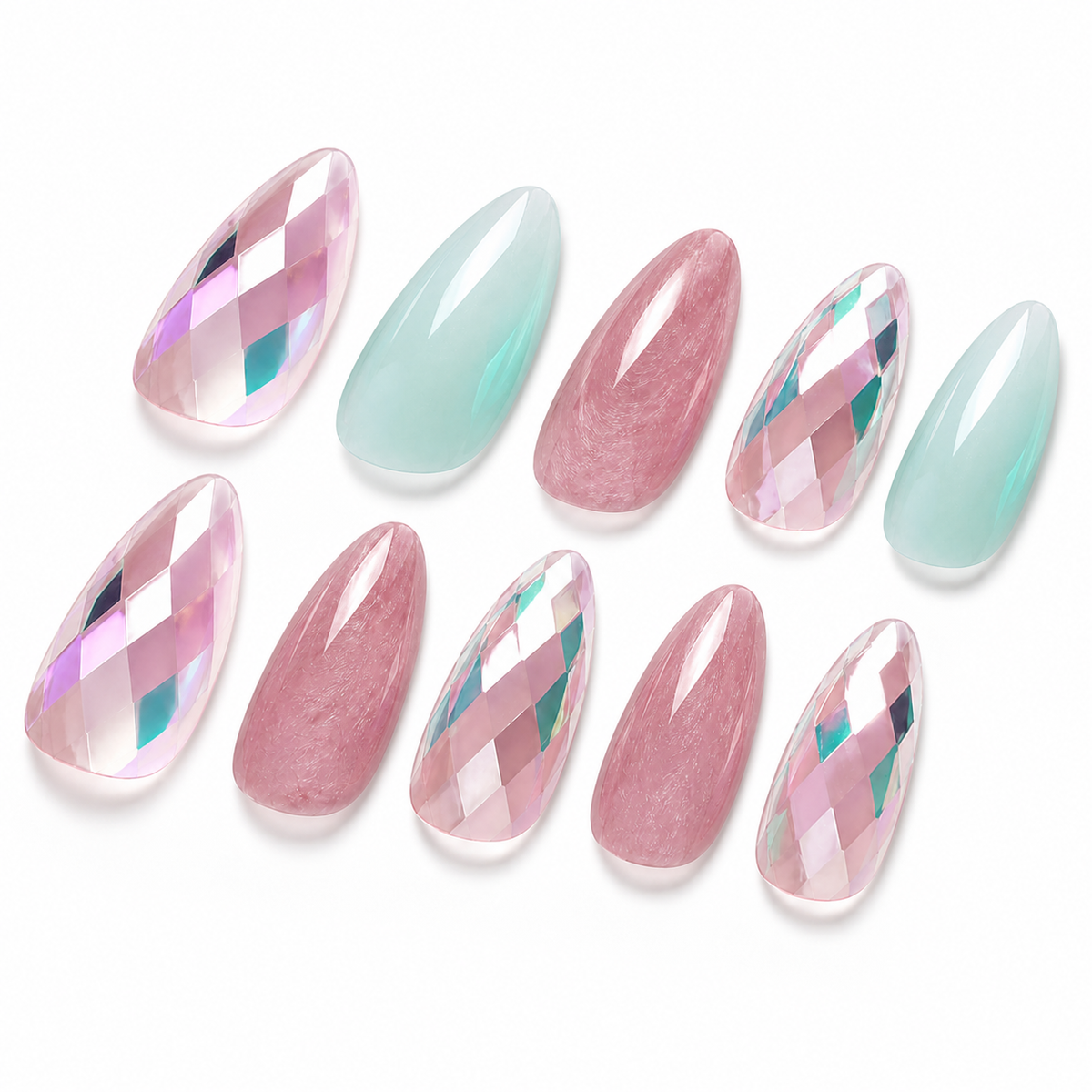 Pastel Diamond Almond Press-On Nails on a pure white background, view 2
