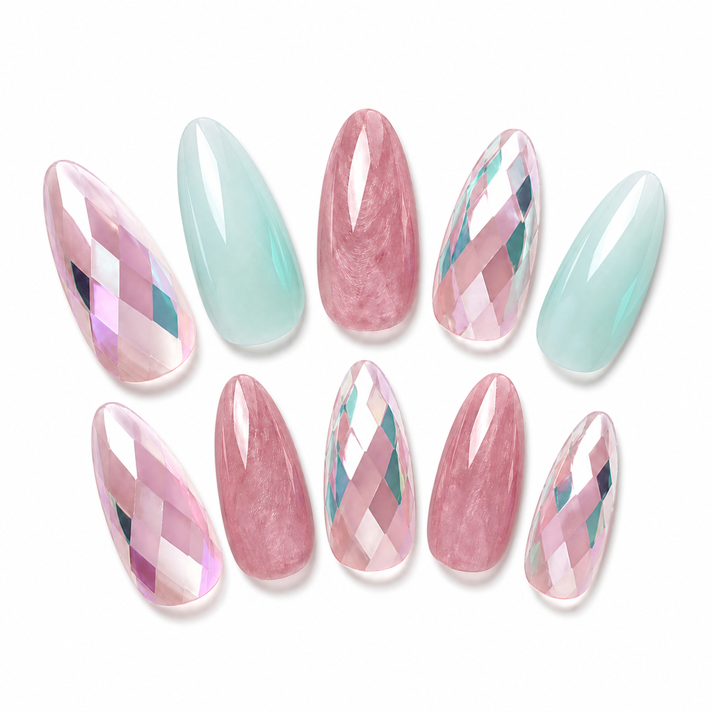 Pastel Diamond Almond Press-On Nails on a pure white background, view 3