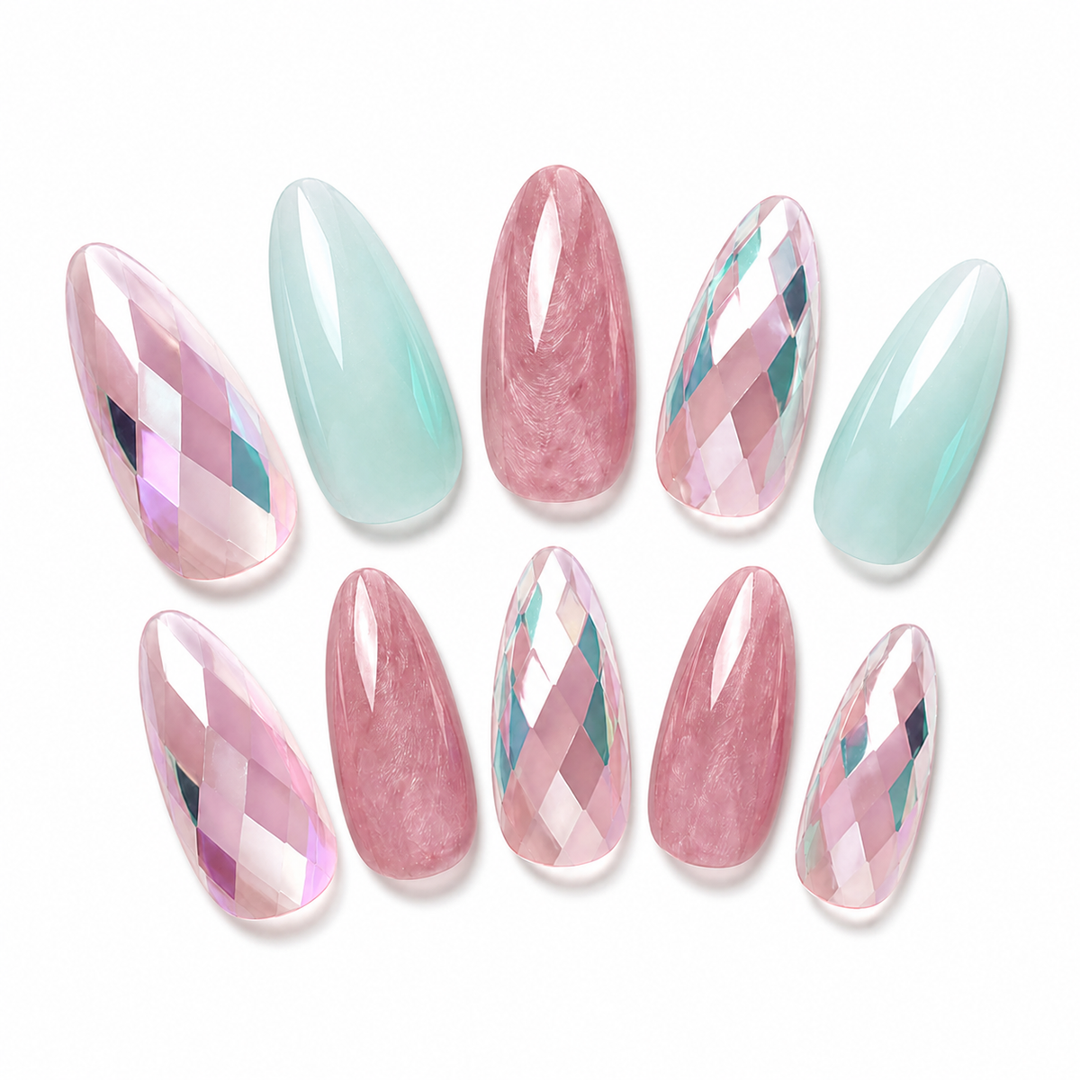 Pastel Diamond Almond Press-On Nails on a pure white background, view 3