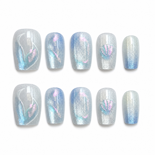 Blue Ocean Chrome Press-On Nails on a pure white background, front view
