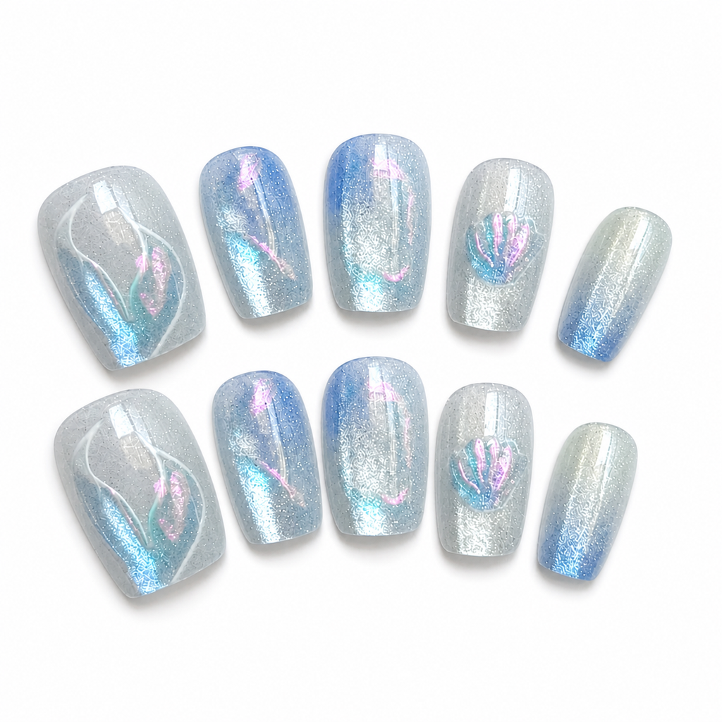 Blue Ocean Chrome Press-On Nails on a pure white background, view 3