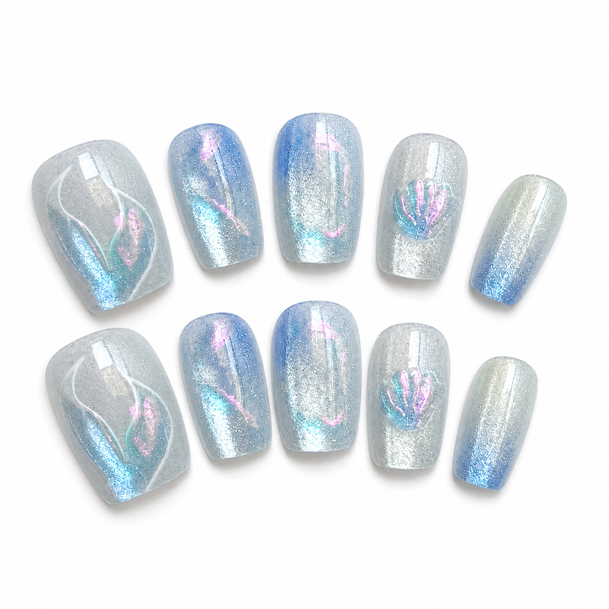Blue Ocean Chrome Press-On Nails on a pure white background, view 3