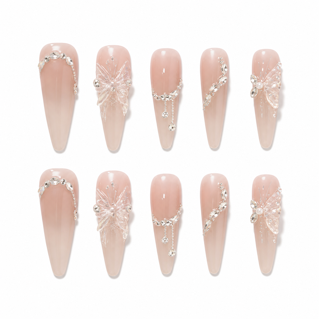 Blush Crystal Butterfly Press-On Nails on a pure white background, front view
