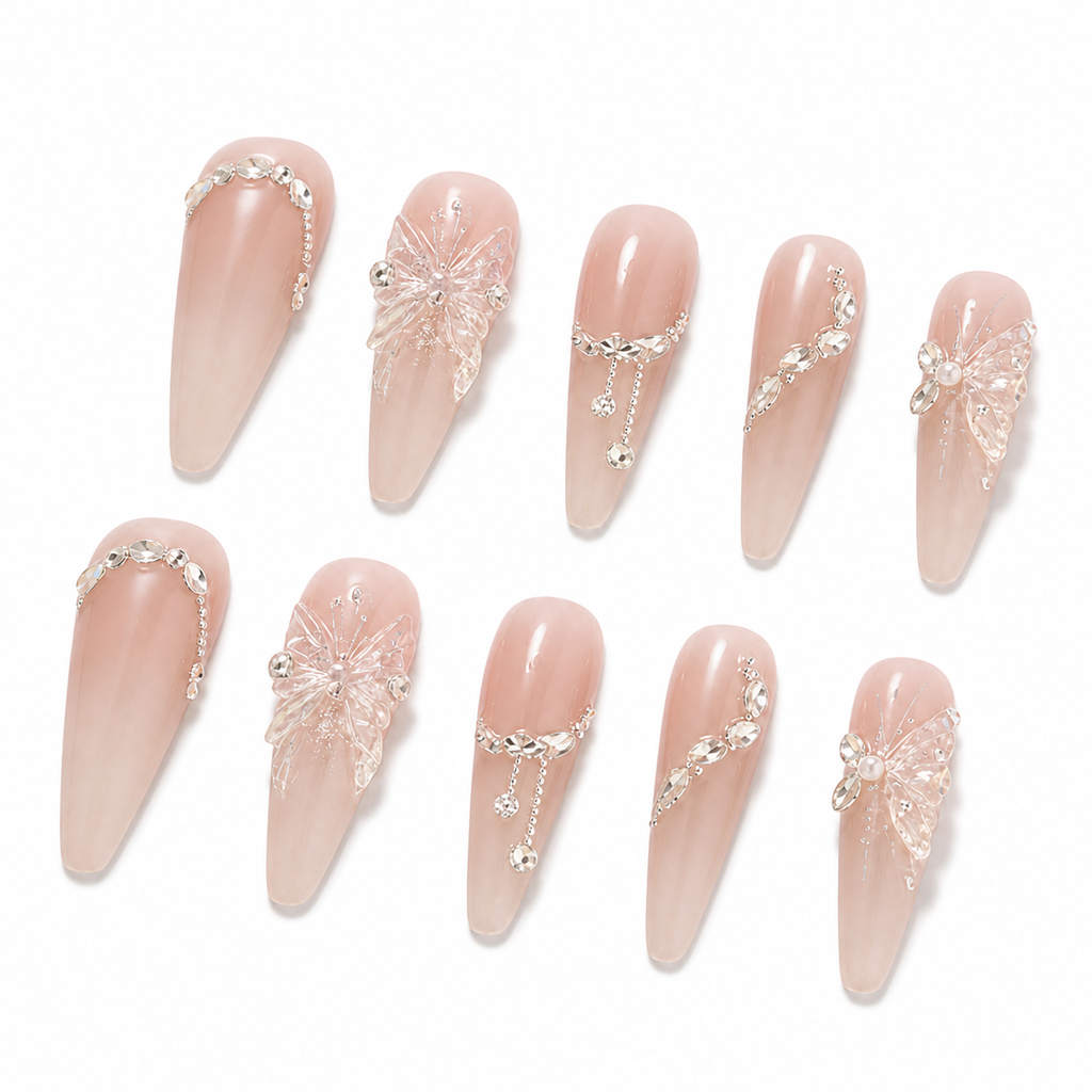 Blush Crystal Butterfly Press-On Nails on a pure white background, view 2