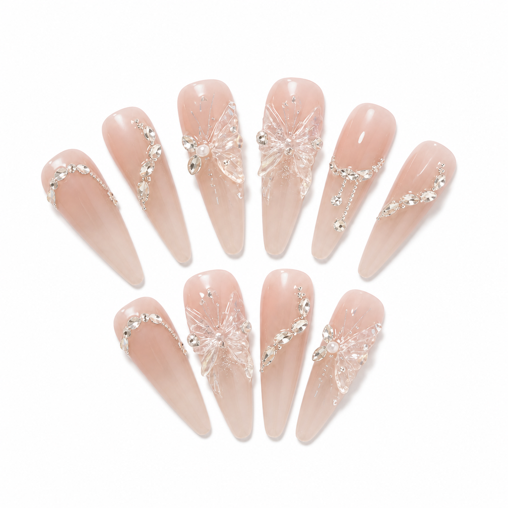 Blush Crystal Butterfly Press-On Nails on a pure white background, view 3
