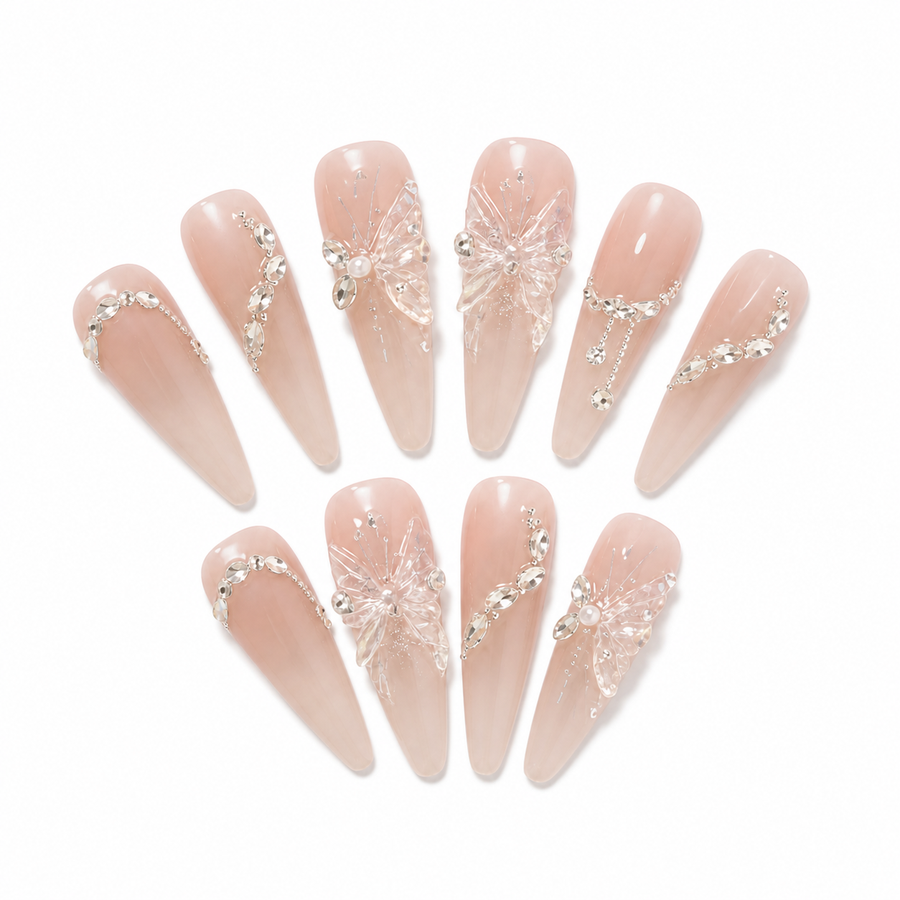 Blush Crystal Butterfly Press-On Nails on a pure white background, view 3