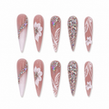 Rose Floral Crystal Stiletto Press-On Nails on a pure white background, front view