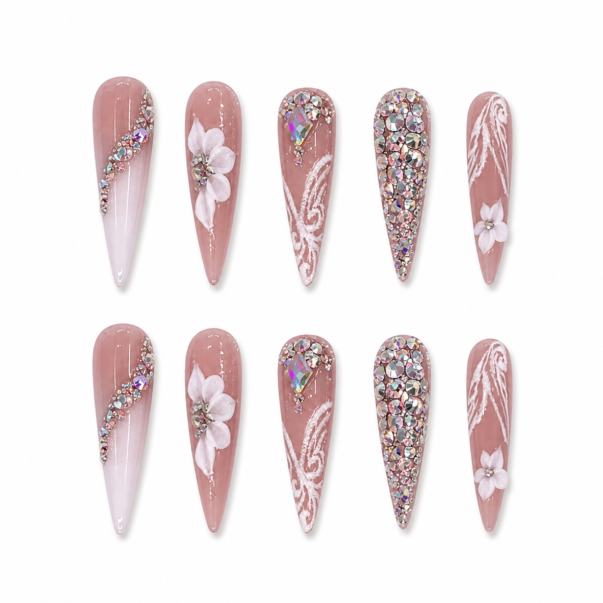Rose Floral Crystal Stiletto Press-On Nails on a pure white background, front view