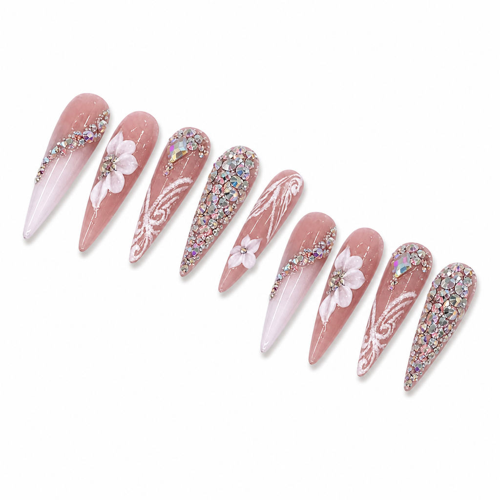 Rose Floral Crystal Stiletto Press-On Nails on a pure white background, view 2