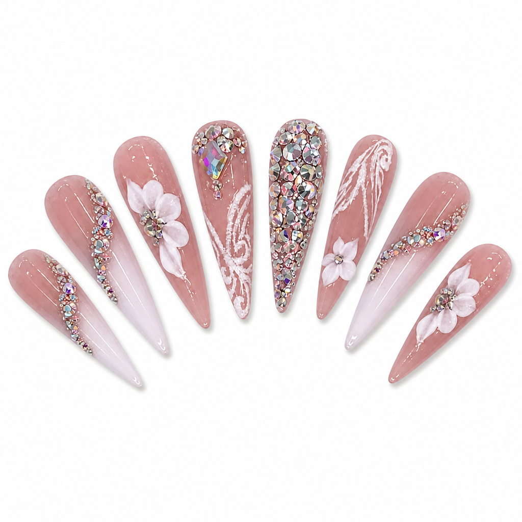 Rose Floral Crystal Stiletto Press-On Nails on a pure white background, view 3