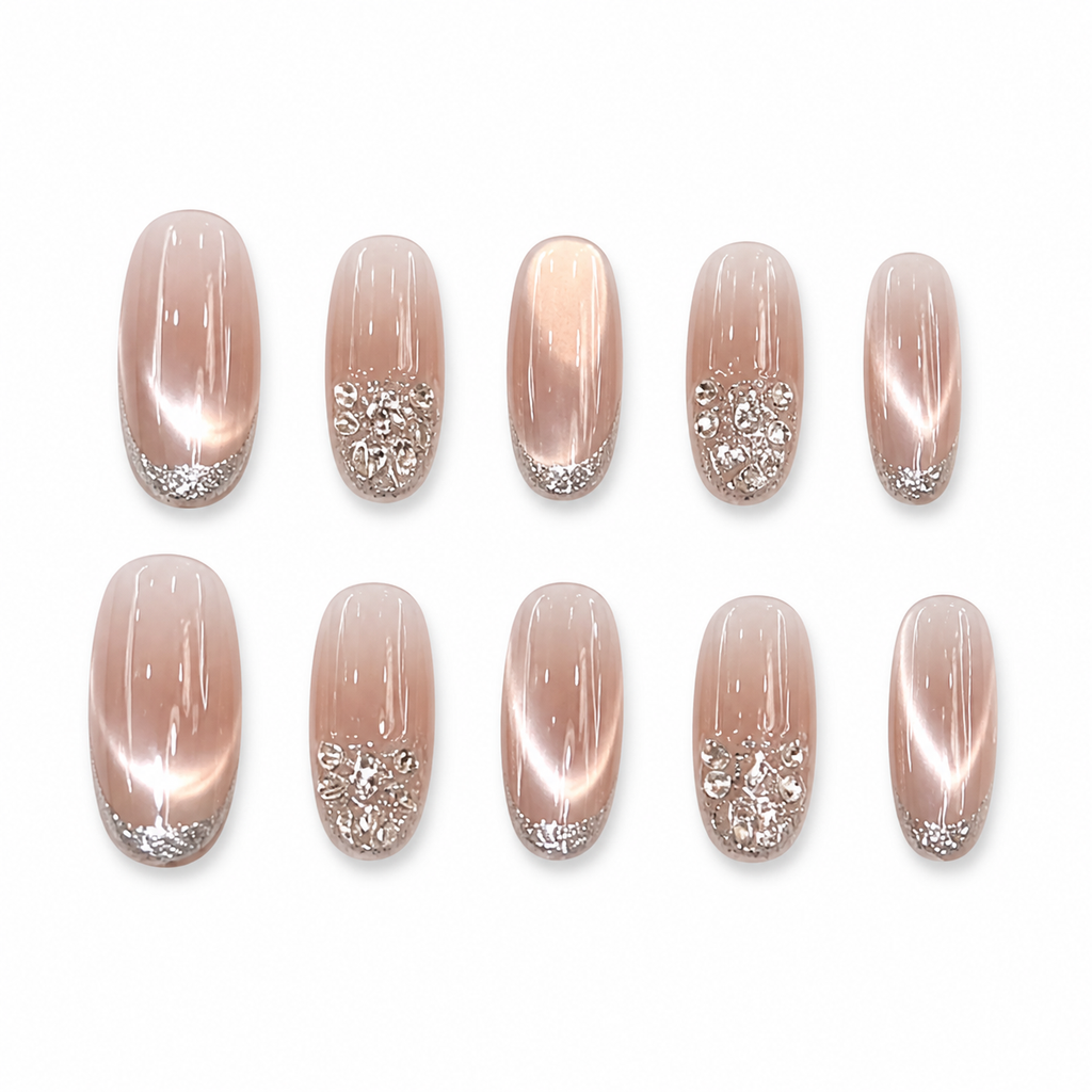 Champagne Crystal Cat-Eye Press-On Nails on a pure white background, front view