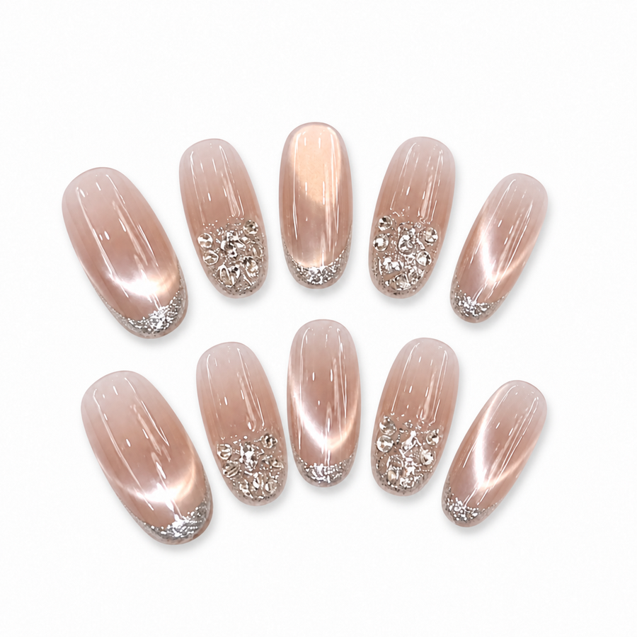 Champagne Crystal Cat-Eye Press-On Nails on a pure white background, view 3