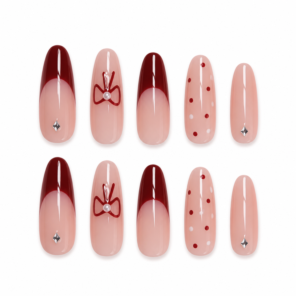 Red French Bow Press-On Nails on a pure white background, front view