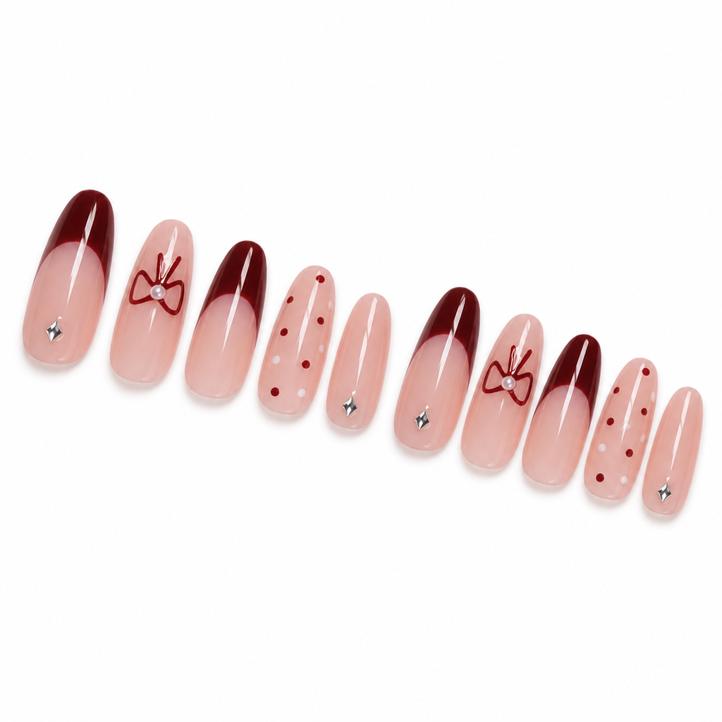 Red French Bow Press-On Nails on a pure white background, view 2