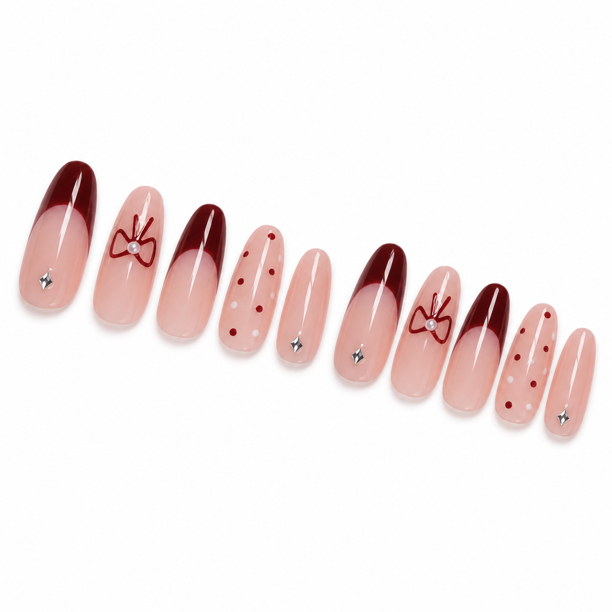 Red French Bow Press-On Nails on a pure white background, view 2