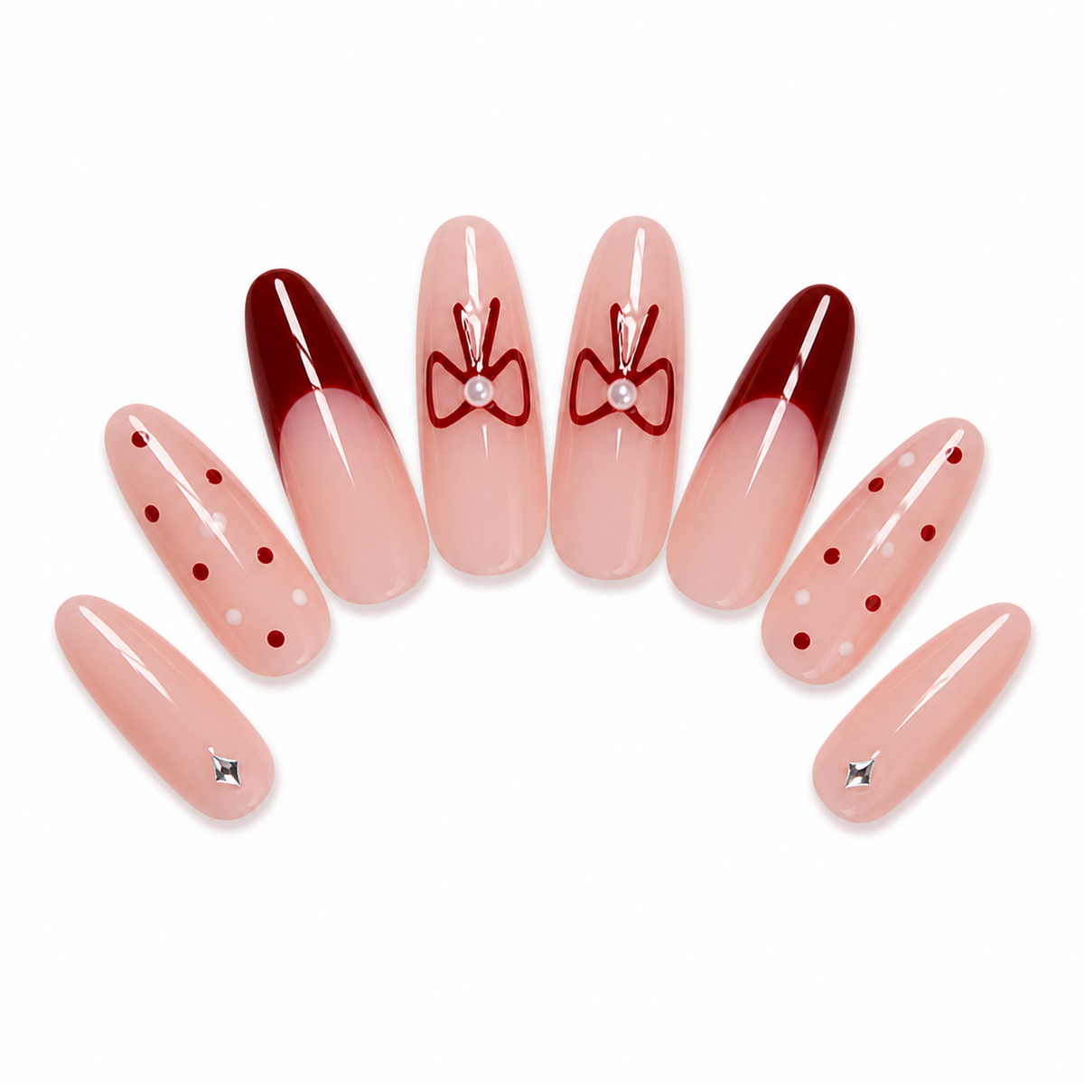 Red French Bow Press-On Nails on a pure white background, view 3
