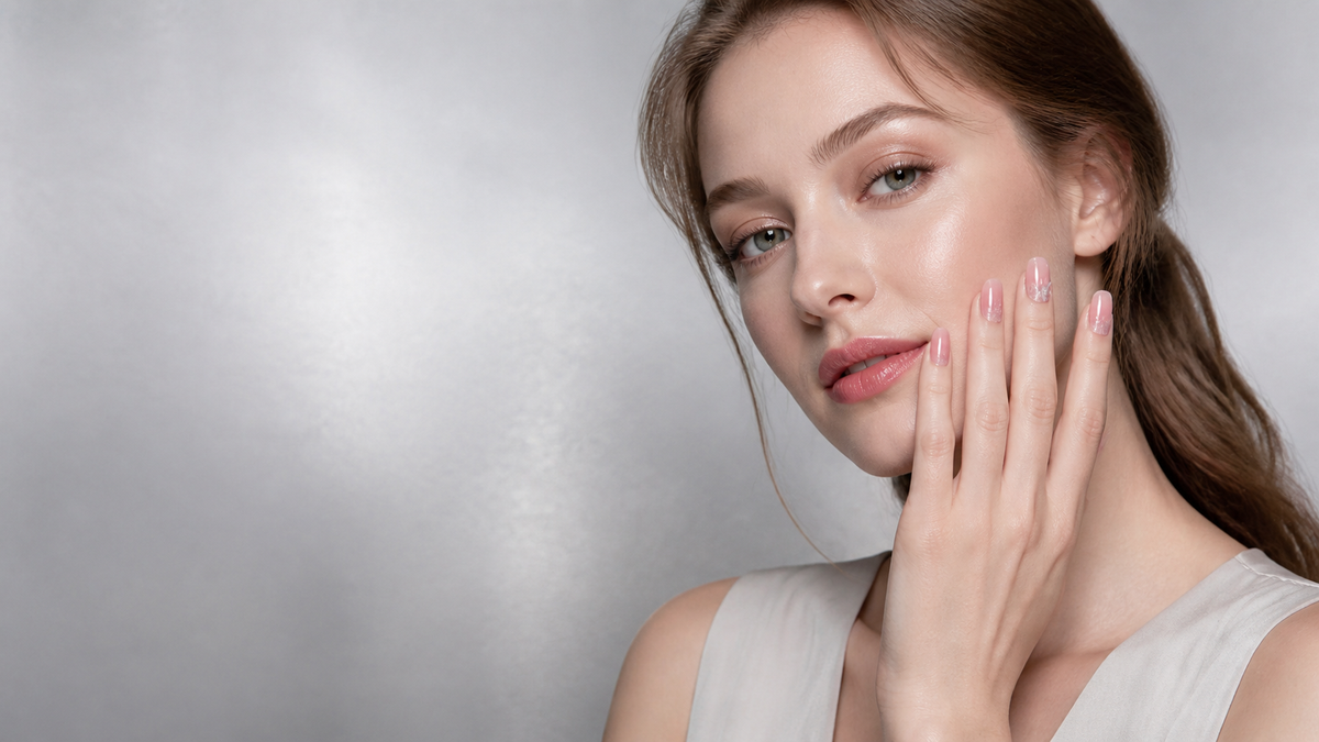 Elegant woman wearing blush pink butterfly press-on nails